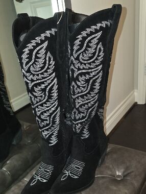 Black Suede Embroidered Western Knee-High Boots